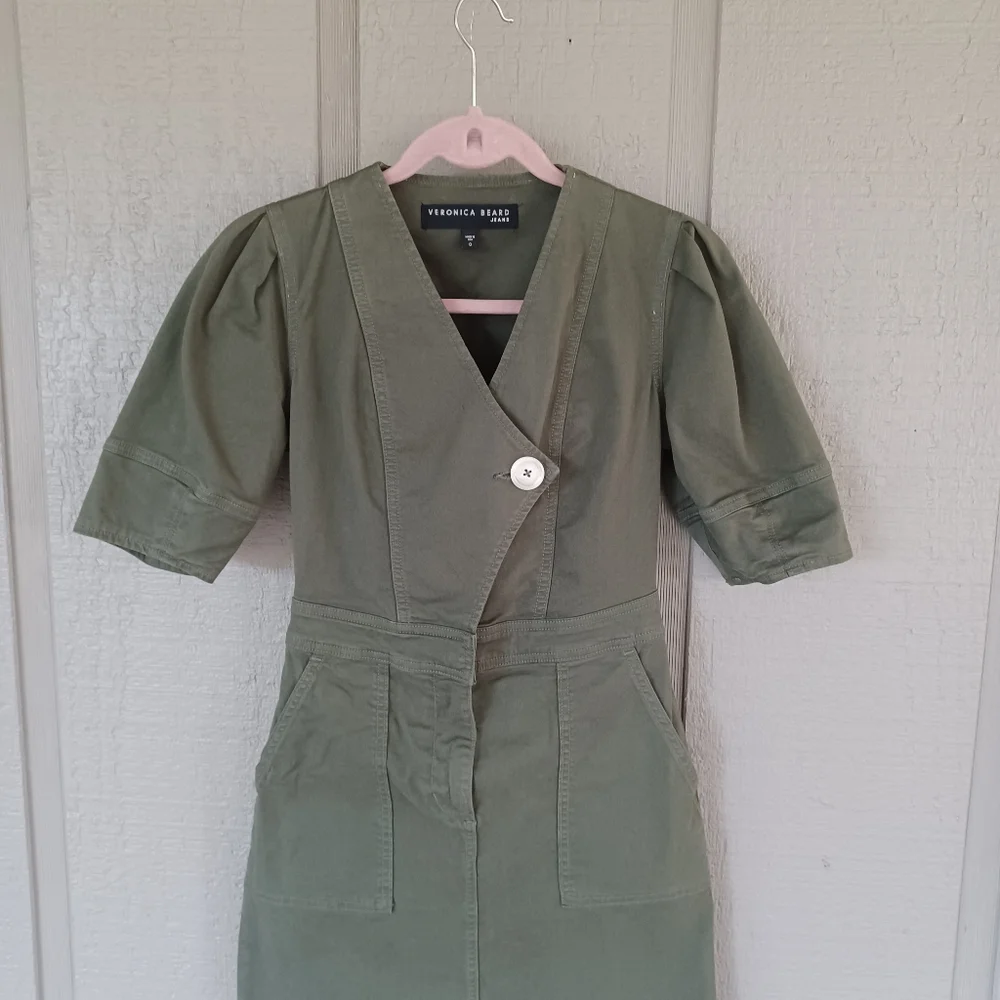 Veronica Beard Bree Mini Dress Size 0 Women Pockets Cotton Blend In Army Green